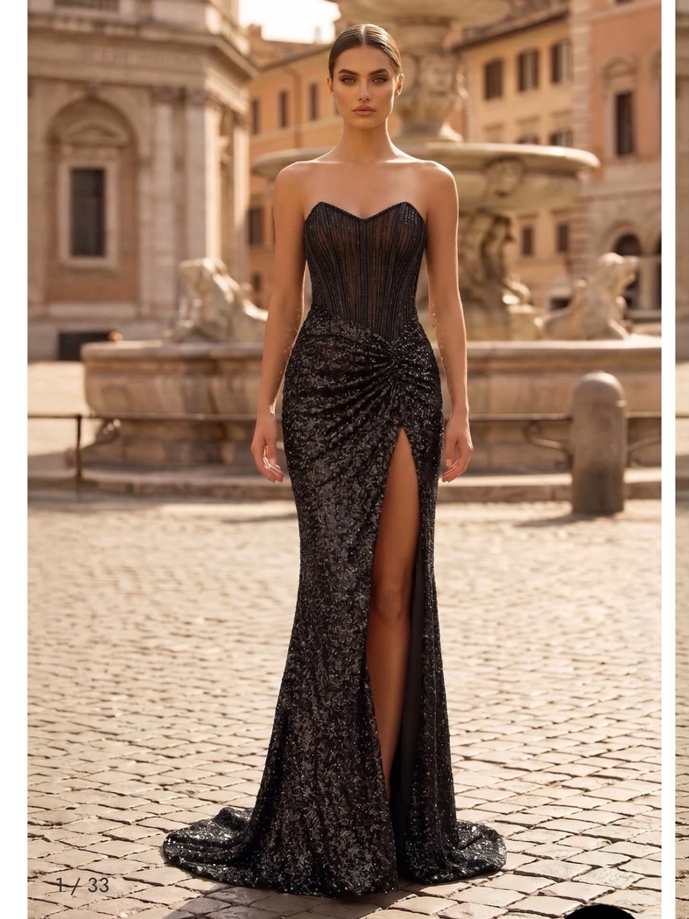Black Strapless Sequin Evening Gown with Corset Bodice